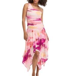 Bar III “Goddess” One Shoulder Asymmetrical Dress XL Pink Watercolor NWT